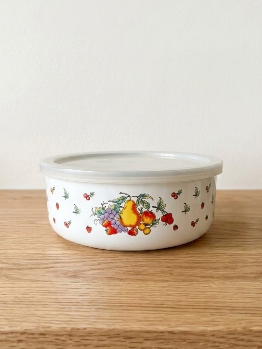 Vintage Fruit Motif Bowl with Lid  Colorful Pear & Cherry Design